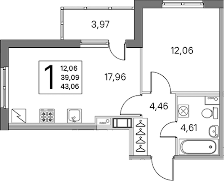 1-комнатная квартира 39.09 м², 2/5 эт., ЖК «ЮгТаун. Олимпийские кварталы»